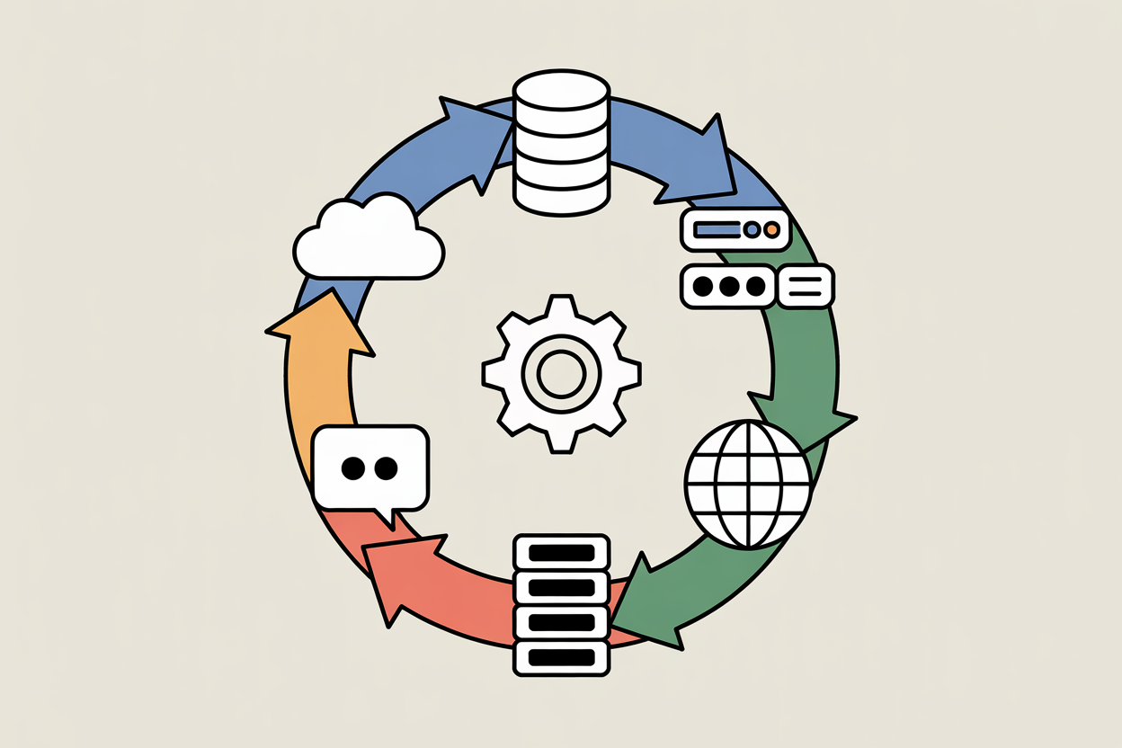 A circular diagram illustrating data exchange between a central pipeline and external systems.